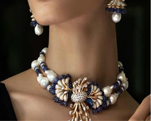 Statement necklace with blue and white beads